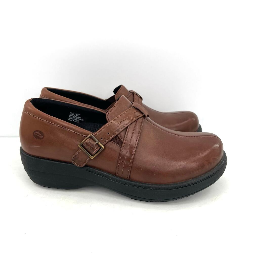 NWOT Abeo Womens Bella 24/7 Brown Leather Clogs Comfort Shoes Buckle - Picture 2 of 10